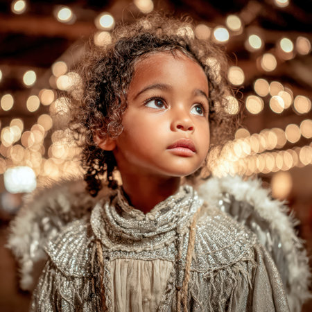 Children dressed as angels performing in Christmas holiday show.の素材