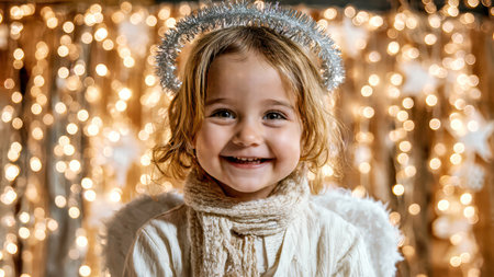 Children dressed as angels performing in Christmas holiday show.の素材