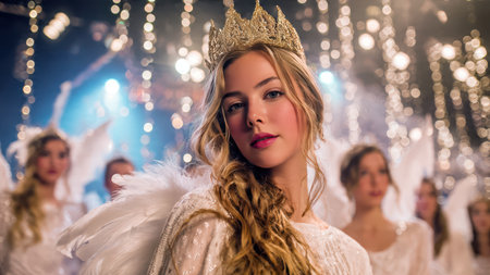 Children dressed as angels performing in Christmas holiday show.の素材