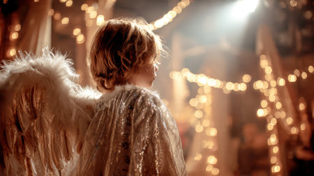Children dressed as angels performing in Christmas holiday show.の素材
