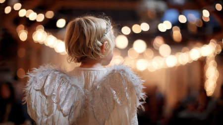 Children dressed as angels performing in Christmas holiday show.の素材