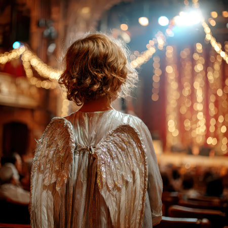 Children dressed as angels performing in Christmas holiday show.の素材