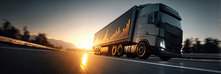 Truck driving on highway with digital graph on trailer, concept of smart logistics and real-time transportation analytics.の素材