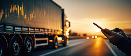Truck driving on highway with digital graph on trailer, concept of smart logistics and real-time transportation analytics.の素材