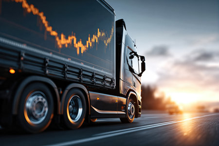 Truck driving on highway with digital graph on trailer, concept of smart logistics and real-time transportation analytics.の素材