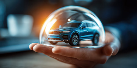 Car insurance protection concept with blue car model and security shield icon.の素材