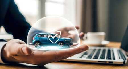 Car insurance protection concept with blue car model and security shield icon.の素材