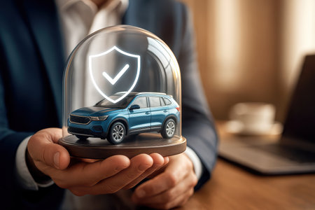 Car insurance protection concept with blue car model and security shield icon.の素材
