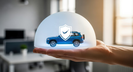 Car insurance protection concept with blue car model and security shield icon.の素材
