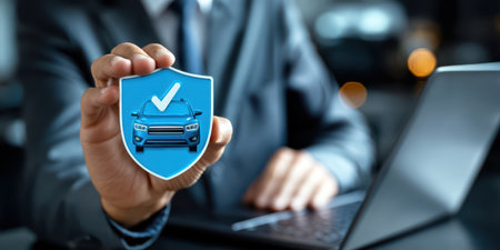 Car insurance protection concept with blue car model and security shield icon.の素材