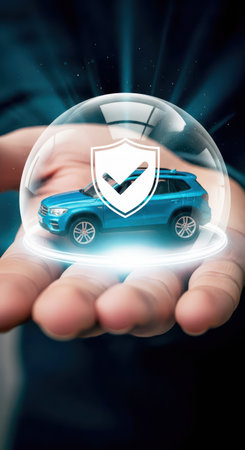 Car insurance protection concept with blue car model and security shield icon.の素材
