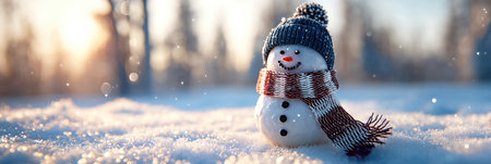 Cute snowman in winter scarf and hat on snowy background with warm holiday lights.の素材