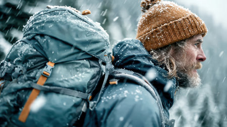 Hiker walking in snowy winter forest with backpack.の素材