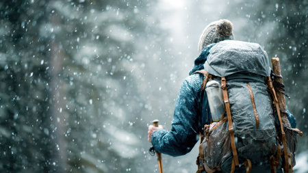 Hiker walking in snowy winter forest with backpack.の素材