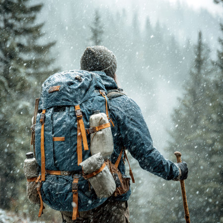 Hiker walking in snowy winter forest with backpack.の素材