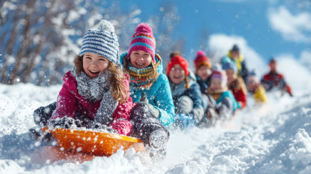Group of happy children sledding down a snowy hill on a bright winter day with fresh snow and blue sky.の素材