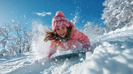 Group of happy children sledding down a snowy hill on a bright winter day with fresh snow and blue sky.の素材