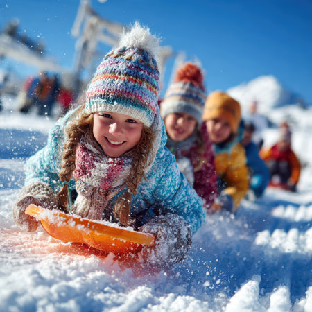Group of happy children sledding down a snowy hill on a bright winter day with fresh snow and blue sky.の素材