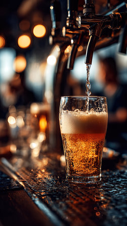 Fresh draft beer being poured into a glass at bar counter with foam and golden bubbles.の素材