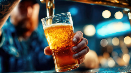 Fresh draft beer being poured into a glass at bar counter with foam and golden bubbles.の素材
