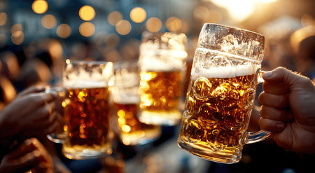 Group of friends drink cold beer from mugs at an outdoor bar at sunset.の素材