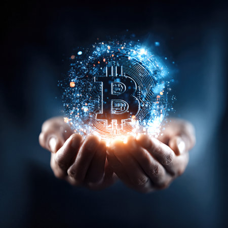 Digital concept of glowing holographic hands holding a blue sphere with a Bitcoin symbol.の素材