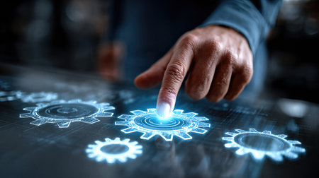 A businessman adjusts glowing holographic gears, symbolizing automation, teamwork, and advanced technology in modern industry.の素材