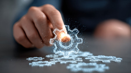 A businessman adjusts glowing holographic gears, symbolizing automation, teamwork, and advanced technology in modern industry.の素材