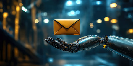 Futuristic Robotic Hand Holding Digital Envelope Symbol of AI Email Communication.の素材