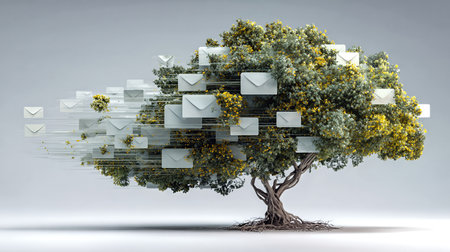 Digital Tree with Email Icons and Data Network.の素材