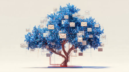 Digital Tree with Email Icons and Data Network.の素材