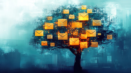 Digital Tree with Email Icons and Data Network.の素材