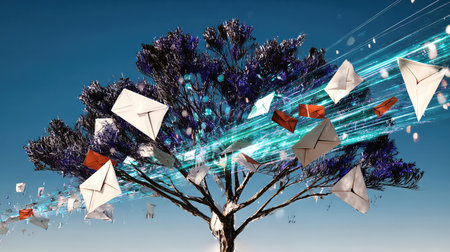 Digital Tree with Email Icons and Data Network.の素材