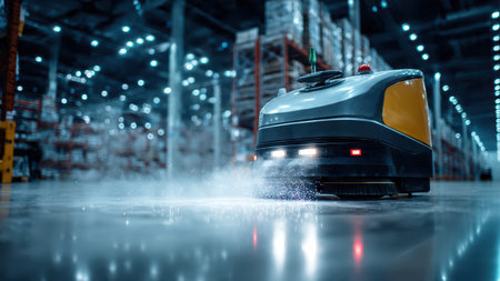Autonomous cleaning robot working in modern warehouse.の素材