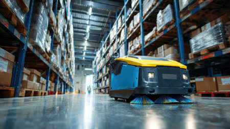 Autonomous cleaning robot working in modern warehouse.の素材