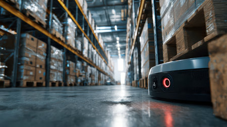 Autonomous cleaning robot working in modern warehouse.の素材