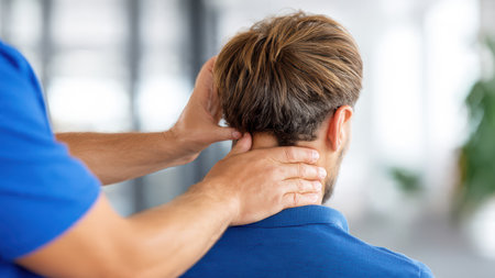 Physiotherapist performing neck and head adjustment on patient.の素材
