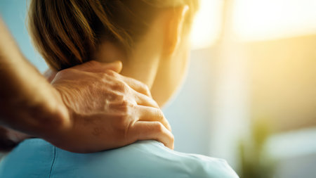 Physiotherapist performing neck and head adjustment on patient.の素材