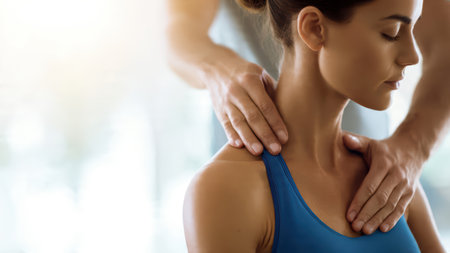Physiotherapist performing neck and head adjustment on patient.の素材