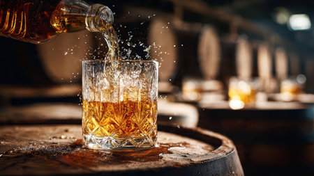 Whiskey bottle and glass on barrel in aging cellar.の素材