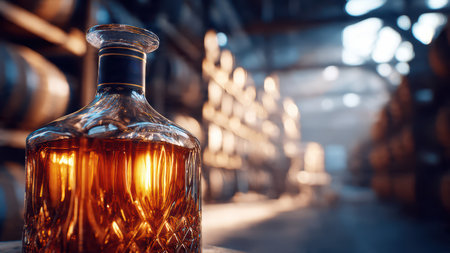 Whiskey bottle and glass on barrel in aging cellar.の素材
