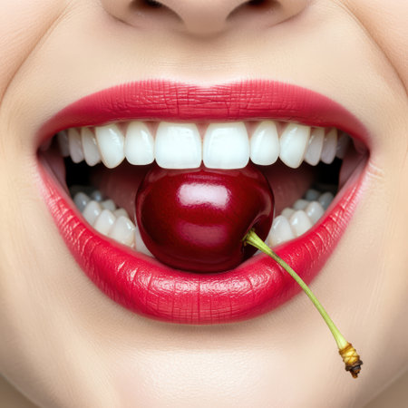 Close-up of glossy lips gently holding a fresh cherry between bright white teeth.の素材