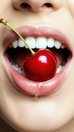 Close-up of glossy lips gently holding a fresh cherry between bright white teeth.の素材