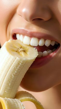 Close-up of glossy lips gently holding a fresh banana between bright white teeth.の素材