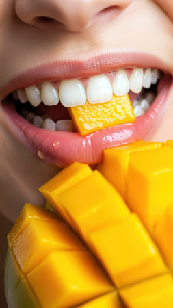 Close-up of glossy lips gently holding a fresh mango between bright white teeth.の素材