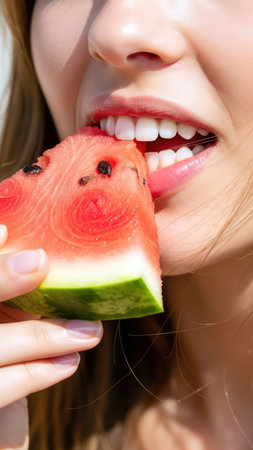 Close-up of glossy lips gently holding a fresh watermelon between bright white teeth.の素材