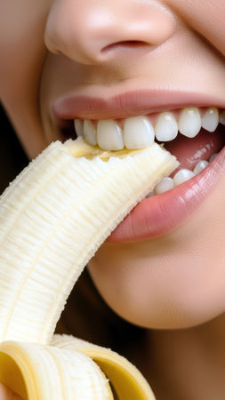 Close-up of glossy lips gently holding a fresh banana between bright white teeth.の素材
