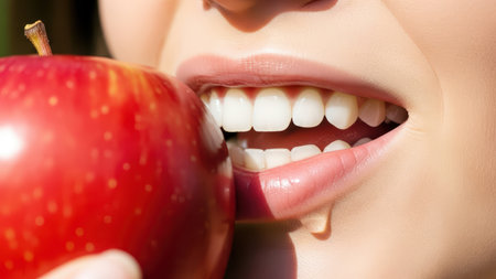 Close-up of glossy lips gently holding a fresh apple between bright white teeth.の素材