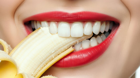 Close-up of glossy lips gently holding a fresh banana between bright white teeth.の素材