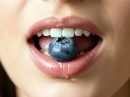 Close-up of glossy lips gently holding a fresh blueberry between bright white teeth.の素材